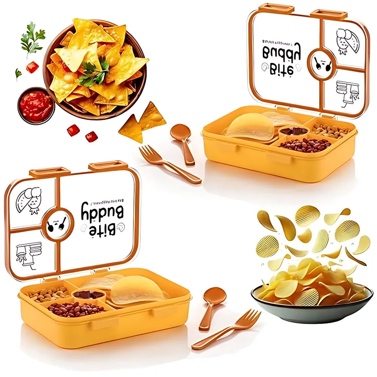 Bite Buddy 4-compartment Leak-resistant Plastic Lunch Box With Spoon  Fork Bite Buddy 4-compartment Leak-resistant Plastic Lunch Box With Spoon  Fork